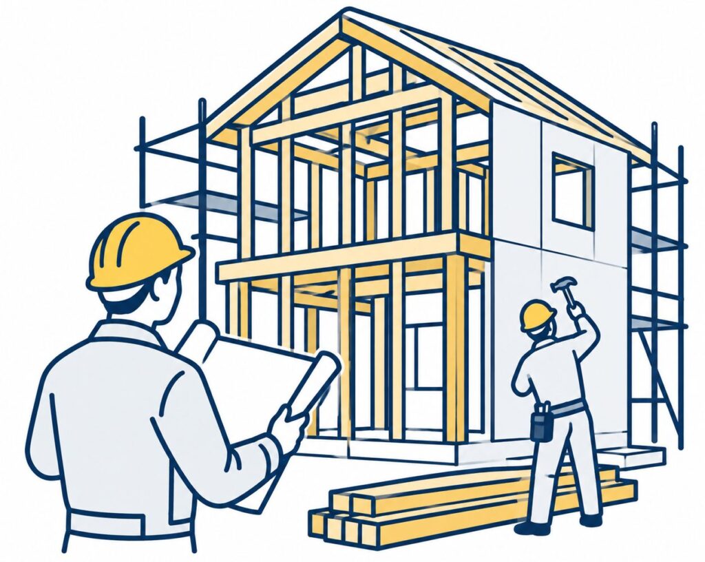 建設中の家と働く作業員